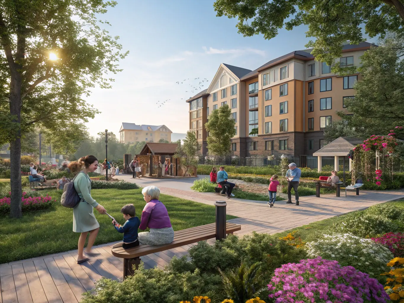 A welcoming image of a community housing facility with families and individuals engaging in supportive activities, representing OGFA's housing support program.