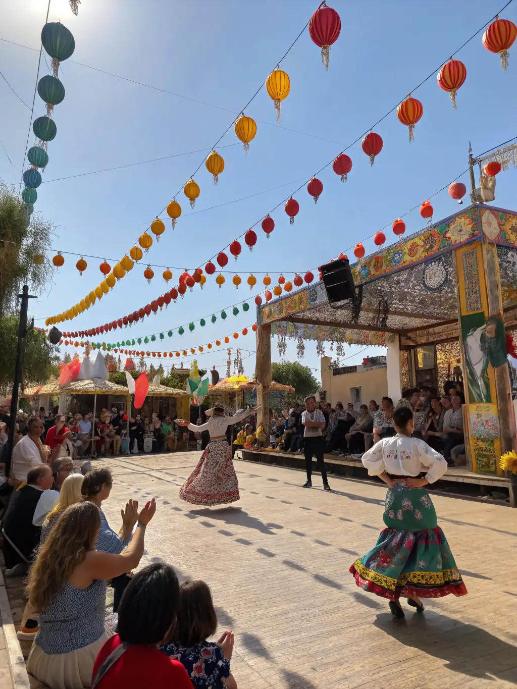 A family participating in a cultural event, enjoying traditional music and dance, highlighting OGFA's efforts to promote cultural exchange and community cohesion.