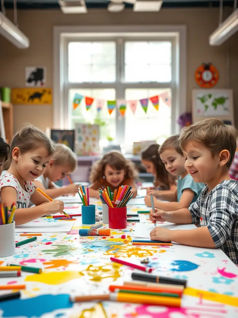 A group of children participating in an art workshop, smiling and engaged, with colorful drawings displayed in the background, representing OGFA's educational programs for children.