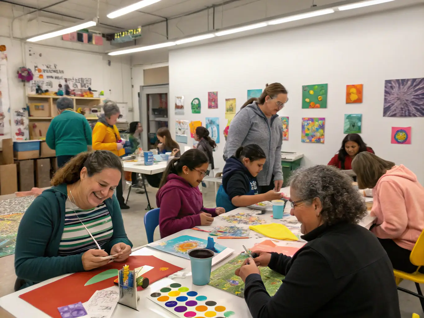 An image of a community workshop with children and adults participating in cultural activities, showcasing OGFA's educational and cultural programs.