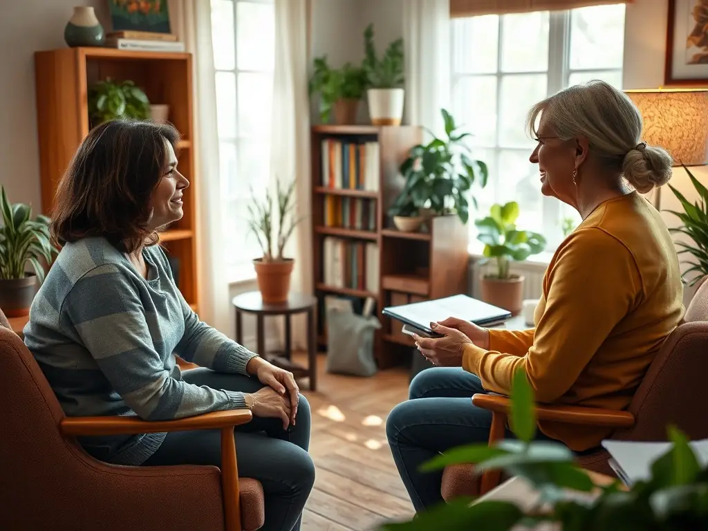 A comforting scene of a counselor speaking with a family in a supportive environment, illustrating OGFA's social support and counseling services.