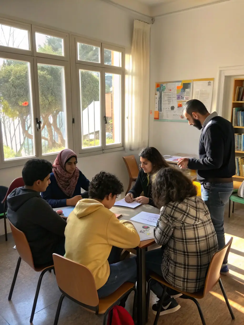 Adults attending a French language class, interacting with the instructor and practicing conversational skills, showcasing OGFA's commitment to adult education.